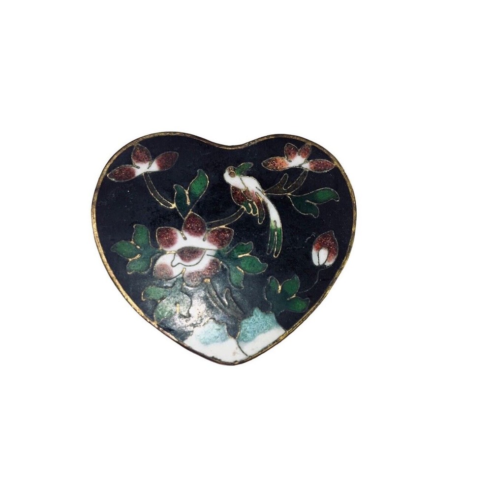 Vintage Chinese Asian Cloisonné Heart Trinket Jewelry Box Brass